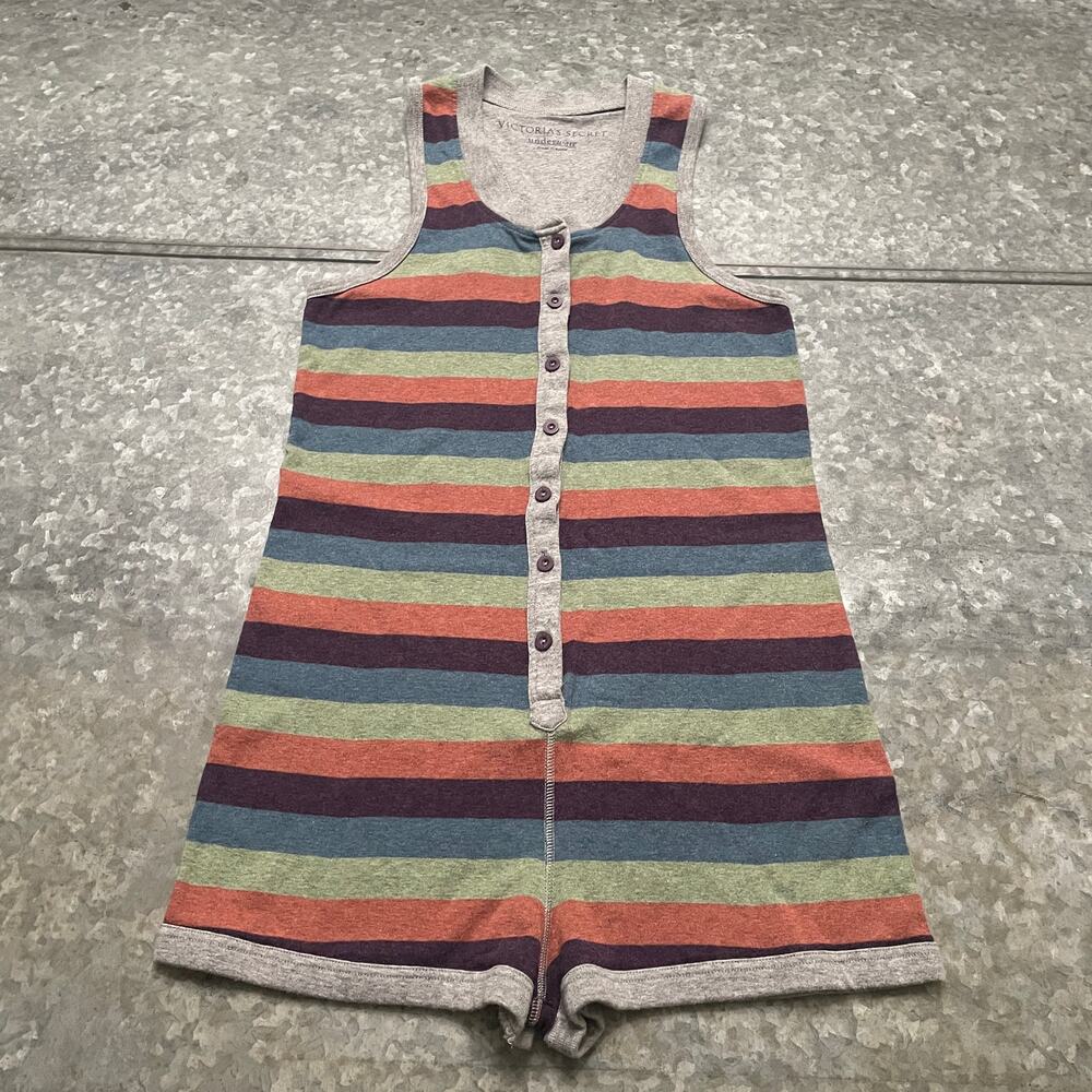 Victoria's Secret Vintage Y2K Ribbed Cotton Knit Romper Small Striped Pajama